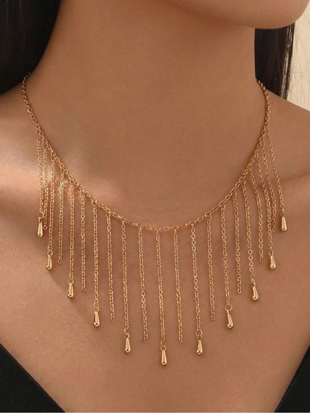 Gold Fringe Tassel Statement Necklace | Layered Dangle Chain Necklace